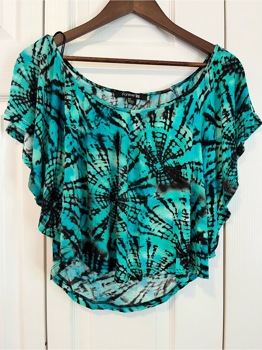 Forever 21 Teal and Black Tie-Dye Flutter Sleeve Blouse